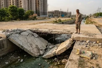 ग्रेटर नोएडा में 116 लाख की लागत से बने नाले का स्लैब 80 दिन में दो बार टूटा, ग्रामीणों में आक्रोश