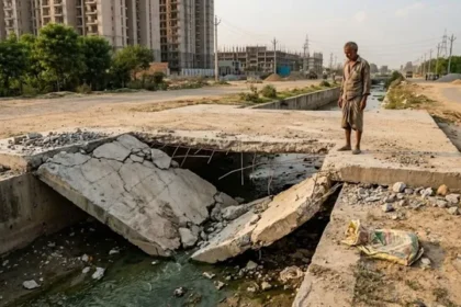 ग्रेटर नोएडा में 116 लाख की लागत से बने नाले का स्लैब 80 दिन में दो बार टूटा, ग्रामीणों में आक्रोश