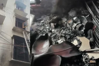 मकान की पार्किंग में लगी भीषण आग, सिलेंडर धमाके के बीच दमकल ने बचाई आठ लोगों की जान