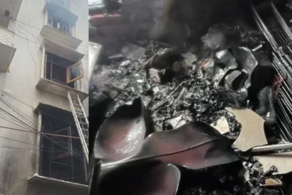 मकान की पार्किंग में लगी भीषण आग, सिलेंडर धमाके के बीच दमकल ने बचाई आठ लोगों की जान