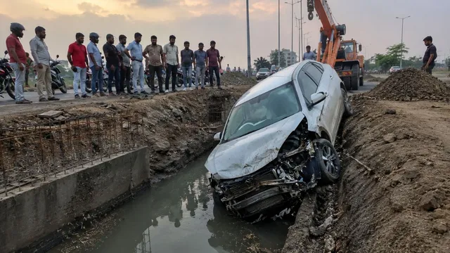 ग्रेटर नोएडा में बाइक सवार को बचाने के चक्कर में गड्ढे में गिरी कार, बाल-बाल बचा चालक