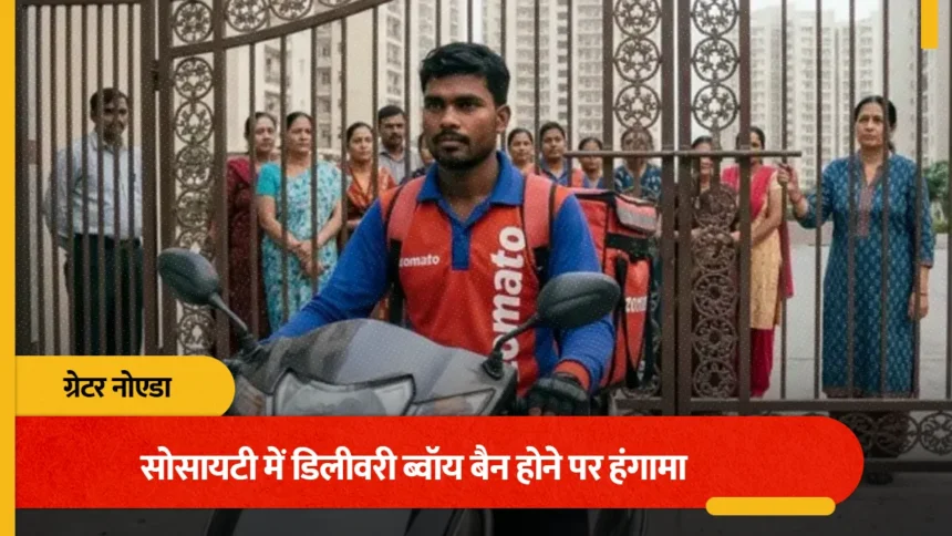 नोएडा वेस्ट की अजनारा होम्स में बवाल: डिलीवरी ब्वॉय की एंट्री रोकने पर फूटा महिलाओं का गुस्सा, मेंटेनेंस ऑफिस में जड़ा ताला